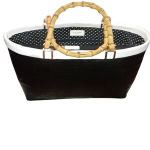 Kate‎ Spade New York Black Woven Tote Bag Bamboo Handles Polka Dot Lining